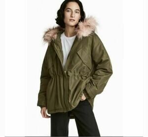 H&M Parka Jacket Women M Khaki Green Hood Faux Fur Trim Coat Full Zip Heritage
